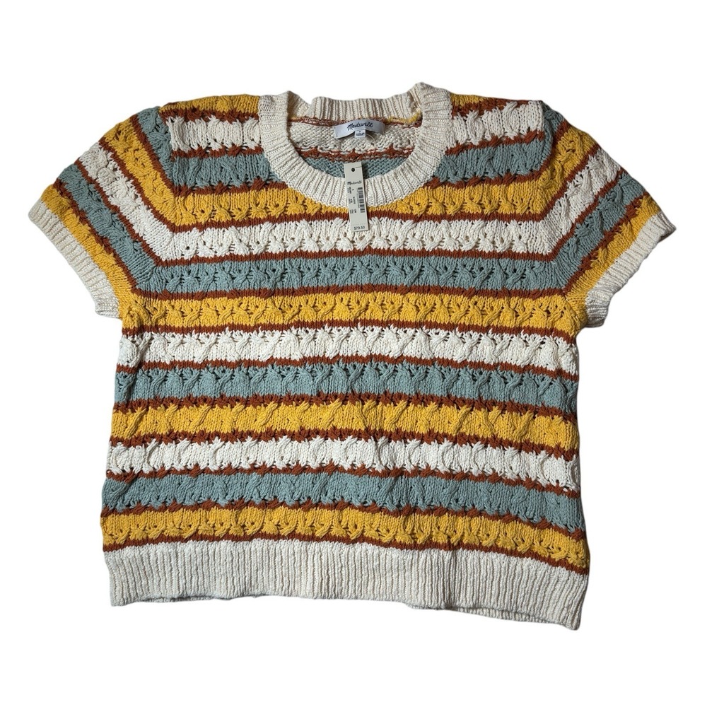 Madewell Striped Scoop-Neck Short-Sleeve Sweater in Cream, Mustard & Blue